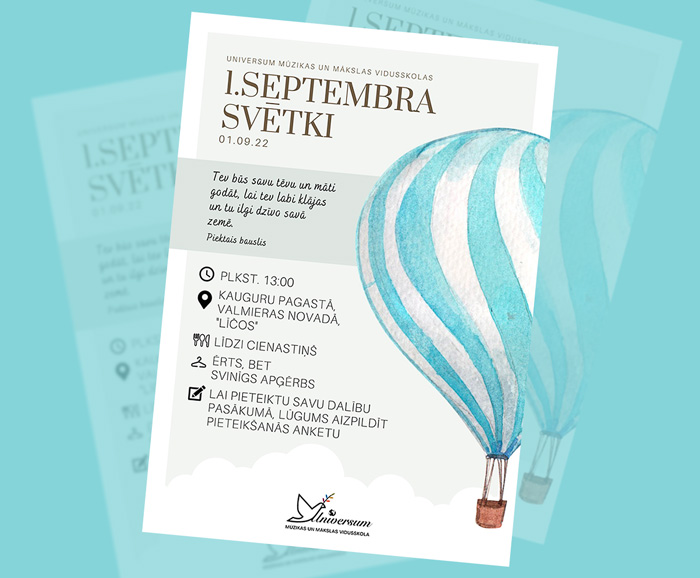 Pirmā septembra svētku informatīvs plakāts ar zilu ūdenskrāsās gleznotu gaisa balonu.